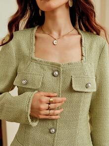 Penseblé Elegant Sage Green Autumn Tweed Long Sleeve Jacket For Women,Faux Pearl Buttons Square Collar Fall Cloth,Suitable For Tea Party,Banquet & Wedding - Green - View 6