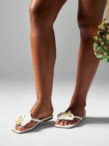 MISSGUIDED 夏季沙滩凉鞋优雅兰花装饰方头人字拖度假婚礼新娘平底拖鞋夏威夷假日休闲鞋