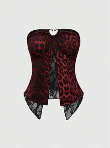 ROMWE Grunge Punk Y2K Gyaru 时尚女式豹纹蕾丝下摆短款抹胸 - 紅色 - 查看 1
