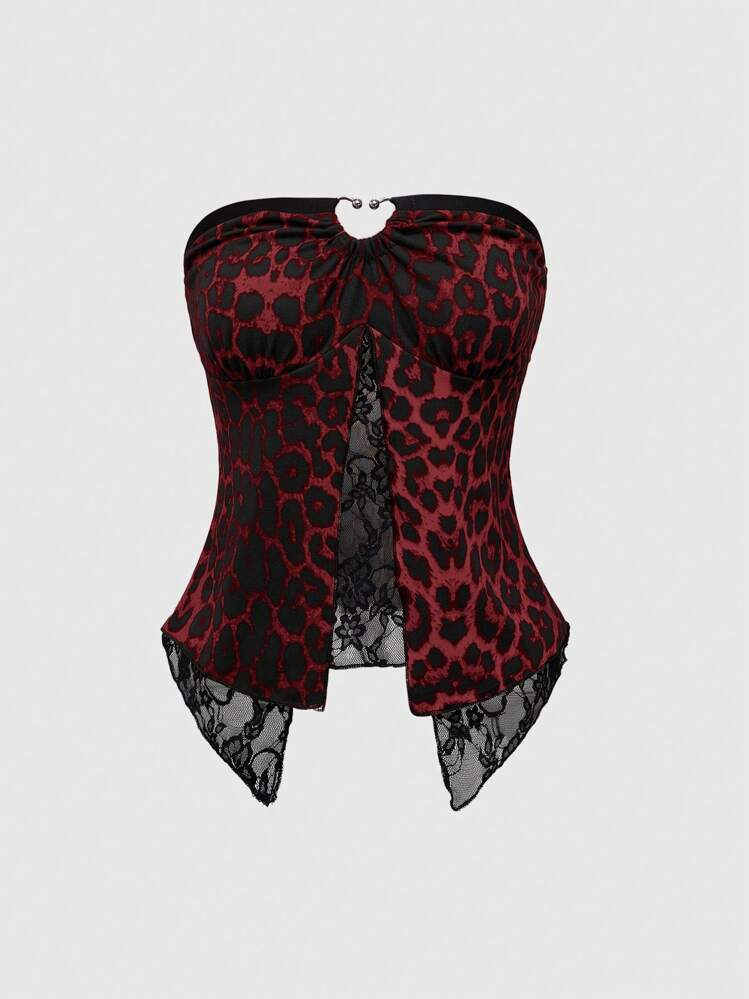 ROMWE Grunge Punk Top court tube en dentelle à imprimé léopard, style Y2K Gyaru élégant pour femmes