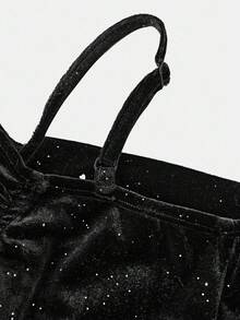 SHEIN 青少年女孩优雅纯黑色亮片天鹅绒露肩荷叶边袖合身美人鱼长裙、万圣节礼服、化妆舞会礼服、黑色长裙、仙女裙、万圣节派对礼服 - 黑色 - 查看 5