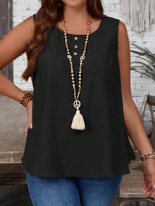 EMERY ROSE Plus Size Women's Casual Black Sleeveless Top With Button Decor Round Neck,Summer Holiday,Vacation Outfits Women,Simple And Fashionable For Everyday Wear,Vacay Vibes,Springbreak,Casual Wear SS,Bohemia,Going Out Outfits,2025 New Clothes,Fall Women Clothes,Comfortable And Breathable - Black - View 5