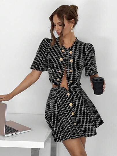 Siren Gaze Tweed Black Old Money Style A-Line High Waist Skirt Woolen High Waist A-Line Skirt Vintage Old Money Style Back To School Teacher Outfits For Women Winter Clothes For Women Autumn Clothes  Metal Buckle Business Casual Woman Teacher Outfits For Women Back To School Clothes Fall Women Clothes Elegant Plaid Check Black