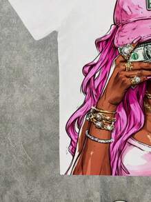 SHEIN EZwear 休闲复古风格粉色肖像图案圆领宽松女式 T 恤，情侣装，复古，休闲，性感，可爱，Y2K，椰子女孩，波西米亚风，度假，春假，早午餐，女生旅行，霓虹海滩氛围，波西米亚风，嬉皮士风，音乐节，适合夏季 - 彩色 - 查看 4