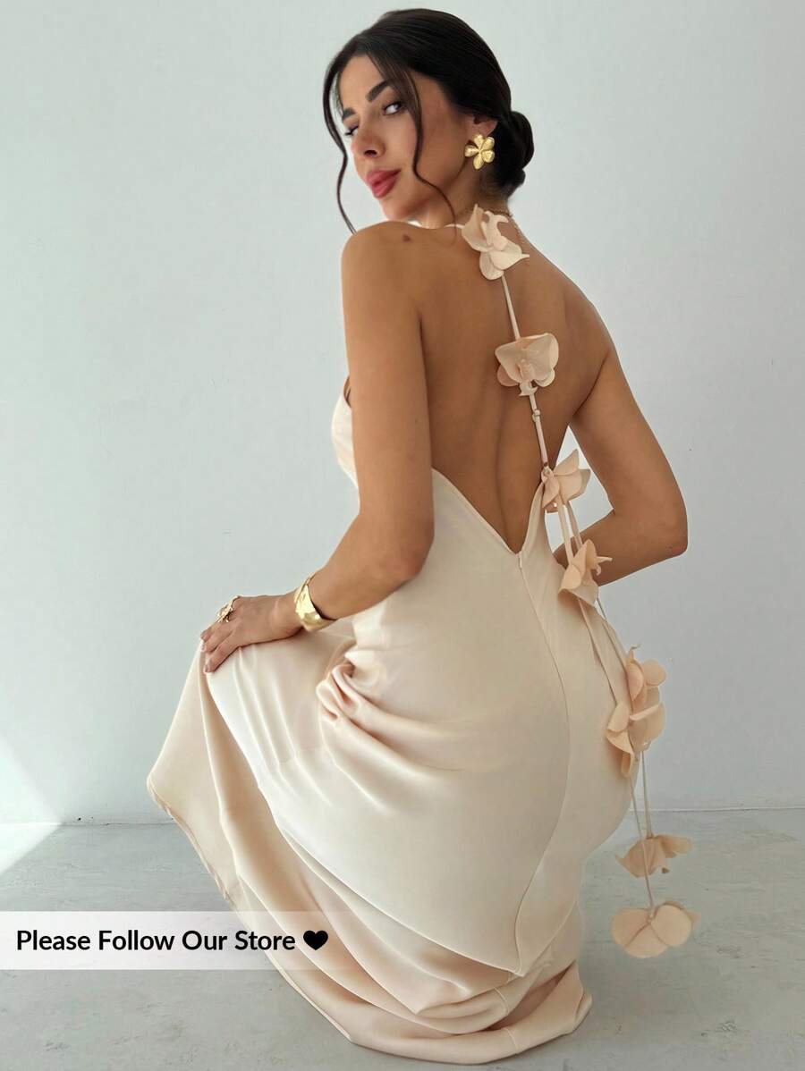 Firerie Váy Maxi hở lưng họa tiết hoa trơn màu cho nữ, váy dài bằng vải satin, thích hợp cho khách dự tiệc cưới, kỳ nghỉ thanh lịch & đêm hẹn hò, trang phục trang trọng đi biển cho phụ nữ, trang phục thường ngày ở sân bay, trang phục đi nghỉ, trang phục giáo viên