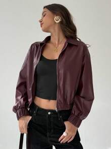 Aloruh Women's Solid Color Drop Shoulder Zip-Up Short Casual Jacket In Fall/Winter