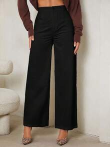 SHEIN Tall Women's Casual High Waist Wide Leg Pants, Solid Color Black Pants,Fall, Tall Women - Black - View 5