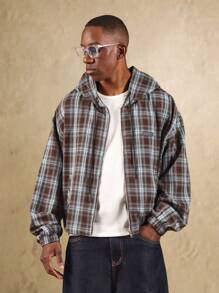 SUMWON 超大格子法兰绒连帽夹克拉链短袖轻便纽扣口袋休闲秋冬外套街头潮流分层单品