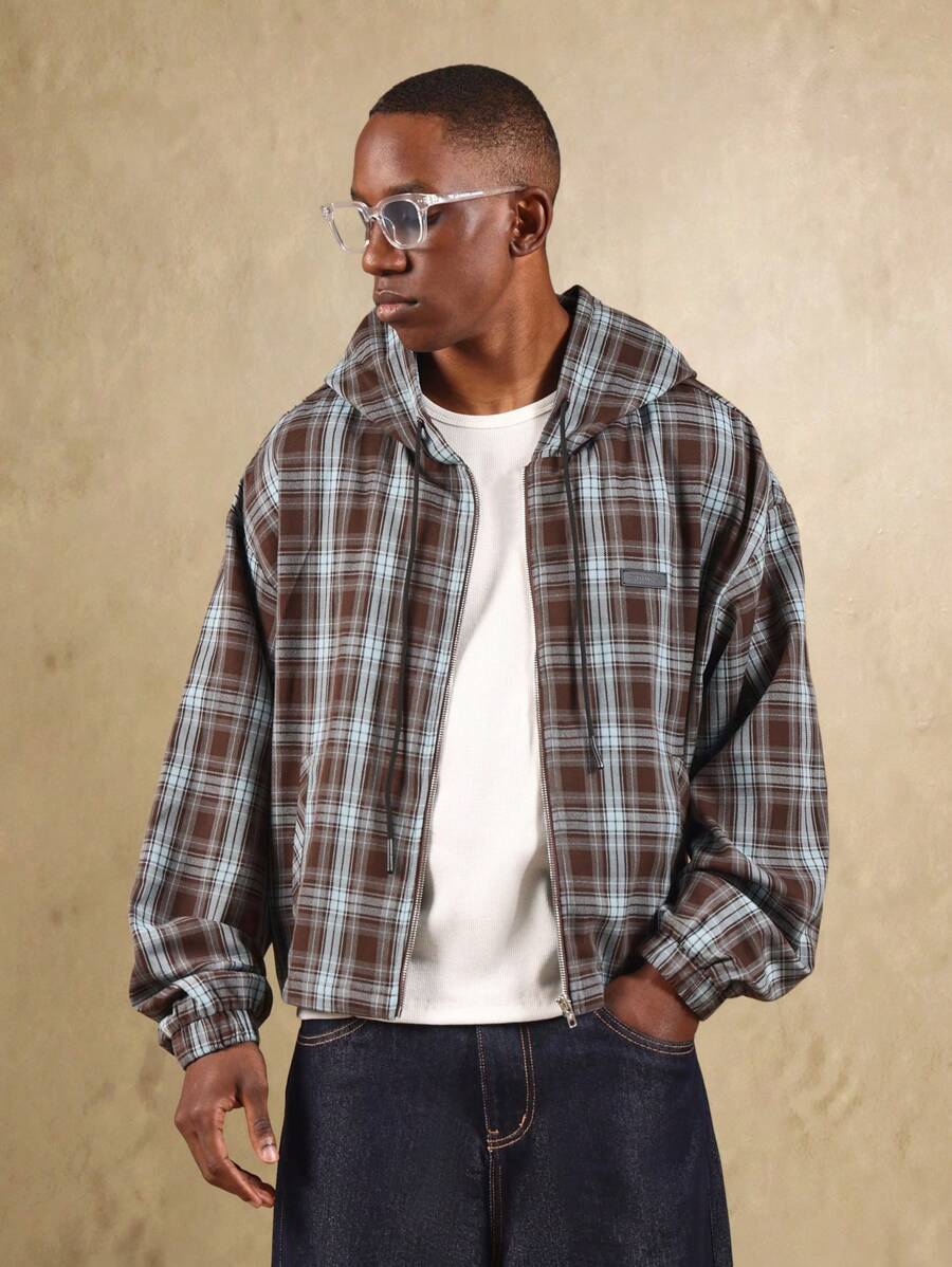 SUMWON 超大格子法兰绒连帽夹克拉链短袖轻便纽扣口袋休闲秋冬外套街头潮流分层单品