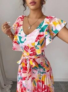 Elenzga 荷叶边袖 V 领度假 A 字腰褶皱优雅浪漫女式连衣裙 - 彩色 - 查看 3
