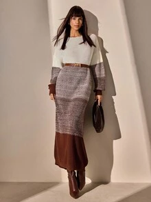 CLARA VERO 拼色落肩毛衣，长袖毛衣裙 - 奶油色 - 查看 1