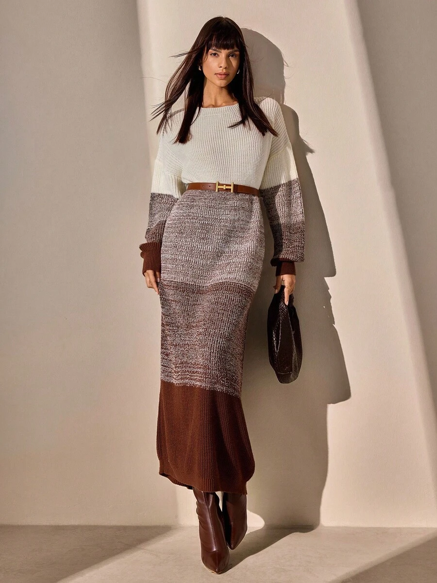 CLARA VERO 拼色落肩毛衣，长袖毛衣裙 - 奶油色 - 查看 1