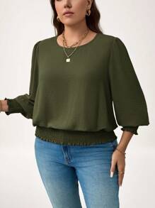 SHEIN LUNE Plus Size Casual Solid Color Lantern Sleeve Blouse, New Years Holiday Green Top,Fall Clothes For Women