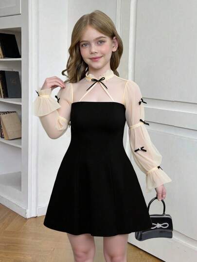 SHEIN Tween Girl Elegant Commuter School V-Neck Tie Sleeve Puff Sleeve Bow A-Line Black & White Color Block Dress, Back To School Fall Winter