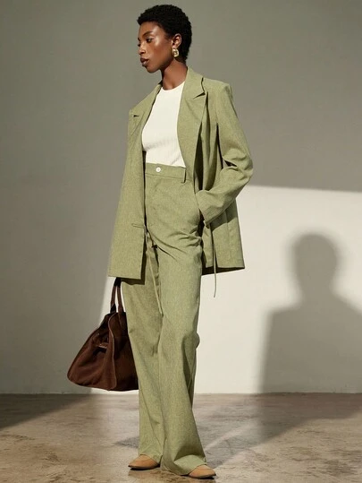 Aveloria Modichic 2 件套女士西装套装：纹理西装外套和直筒裤，宽松版型，系带腰部