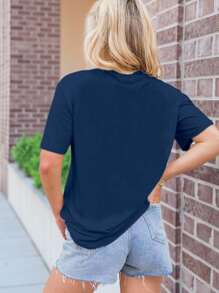 SHEIN LUNE 大码女款米兰意大利标语字母印花T恤短袖休闲上衣图案T恤女式上衣