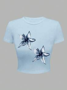 SHEIN 女童花卉印花短款修身圆领T恤，休闲舒适，适合夏季穿着