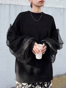 FRIFUL Women's Round Neck Loose Mesh Patchwork Casual Loose Sleeve Frill Trim Sweater, Halloween Costume, Autumn - Black - View 1