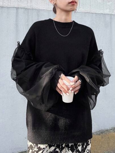 FRIFUL 女士圆领宽松网纱拼接休闲宽松袖荷叶边毛衣，万圣节服装，秋季