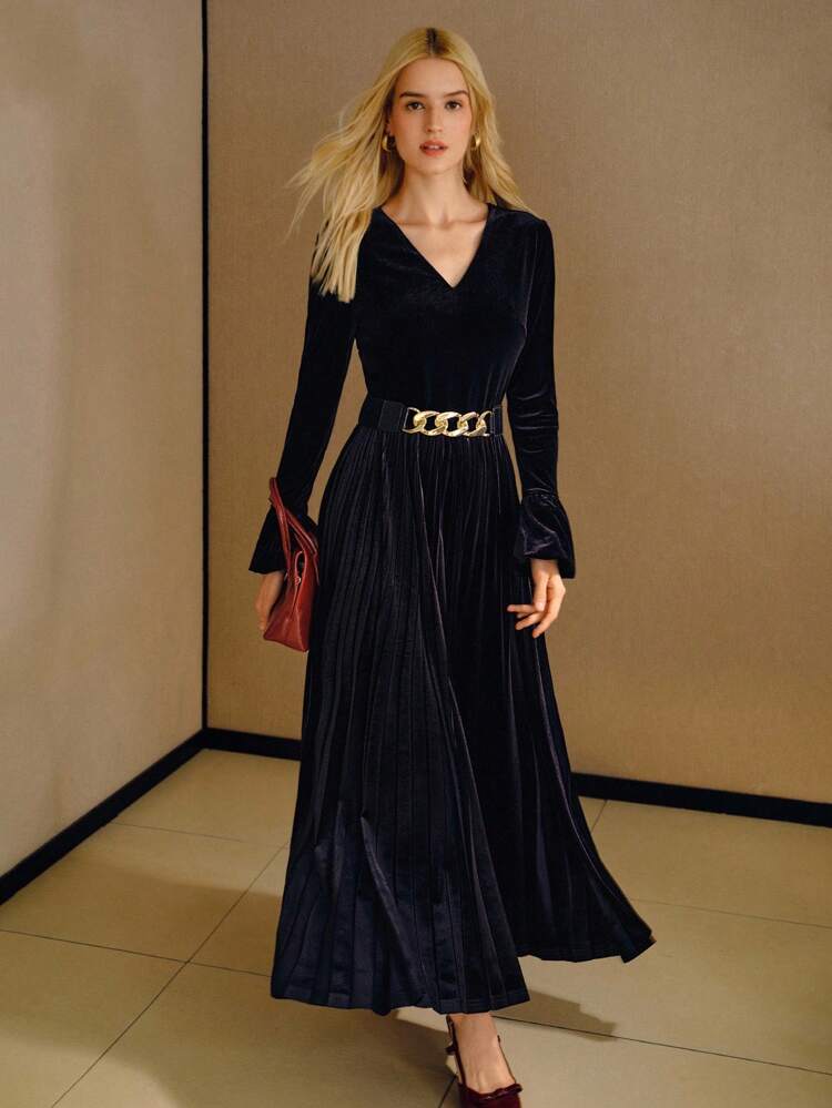 VELVET V-NECK CHAIN WAIST PLEATED DRESS