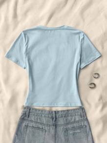Sparklyn Girls' Cropped Fitted Top With 72 Numeric Print, Streetwear Casual Style, Suitable For Summer And Autumn Girls Number Shirt Baby Tee Woman Y2k Teen Girl Clothes Crop Top 2 Piece Set Teen Girl - Baby Blue - View 2