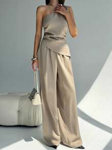 Aloruh 无袖斜领侧褶通勤时尚女衬衫+高腰阔腿宽松裤套装 - 卡其色 - 查看 6