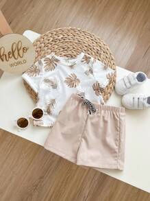 2 件套男婴/女婴夏季海滩度假可爱图案印花短袖 T 恤和纯色松紧腰短裤套装