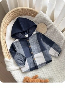 男婴休闲格子拼色帽编织开衫外套，适合圣诞节