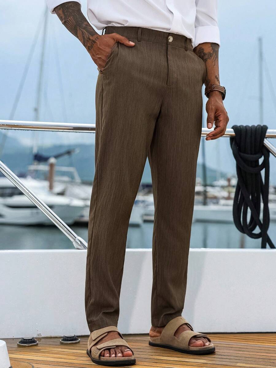 Manfinity Homme Calças de bolso simples de cor sólida casual masculina, outono - Castanho Café - Ver 1