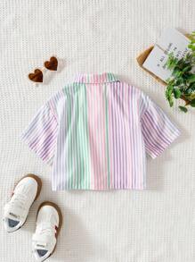 Genkimix Kids 1 件年轻女孩条纹印花短款短袖衬衫淡色条纹衬衫夏季返校休闲衬衫 - 彩色 - 查看 2