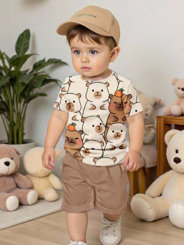 SHEIN Soft Fabric Baby Boys Cartoon Print T-Shirt And Shorts Outfit For Summer Baby Boy Clothes Brown Toddler Boy Clothes Summer Sets Baby Boy Casual Short Sleeve Bear Shirt Baby Boy Shorts