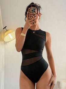 Islaluna Elegant Sexy Fashion Black Round Neck Sleeveless Bodysuit, Geometric Mesh Splice Slim Fit Knit Bodysuit For Women, Spring/Summer