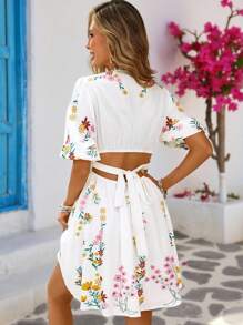 Vivid Eden Women's Summer Holiday Casual Floral Print V-Neck  Puff Sleeve  Short Dress,Summer Dresses For Women, Beach Outfits For Women,Vacation Outfits,Sun Dresses For Women, Boho Summer Dress Women, White Floral Dress Women, Women Vacation Dress, Summer Floral Dress - White - View 2