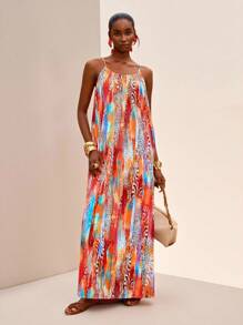 Zivah 2025 Summer New Arrival Music Festival, Easter, St. Patrick's Day, Boho, Casual, Birthday Party, Graduation, Student, Daily, Versatile, Vacation, Cruise, Beach, Sunbathing, Viral Fashion Spaghetti Strap Adjustable Buckle, Vertical Striped Texture, Loose Holiday Printed, Leopard Print Women Dress /Maxi Summer Dress /Vacation Dress/ Long Summer Dress/ Summer Maxi Dress Women