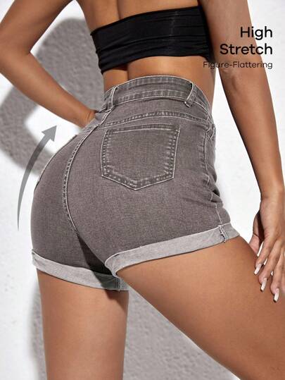 SHEIN ICON 女式夏季休闲街头时尚高腰卷边下摆修身牛仔短裤