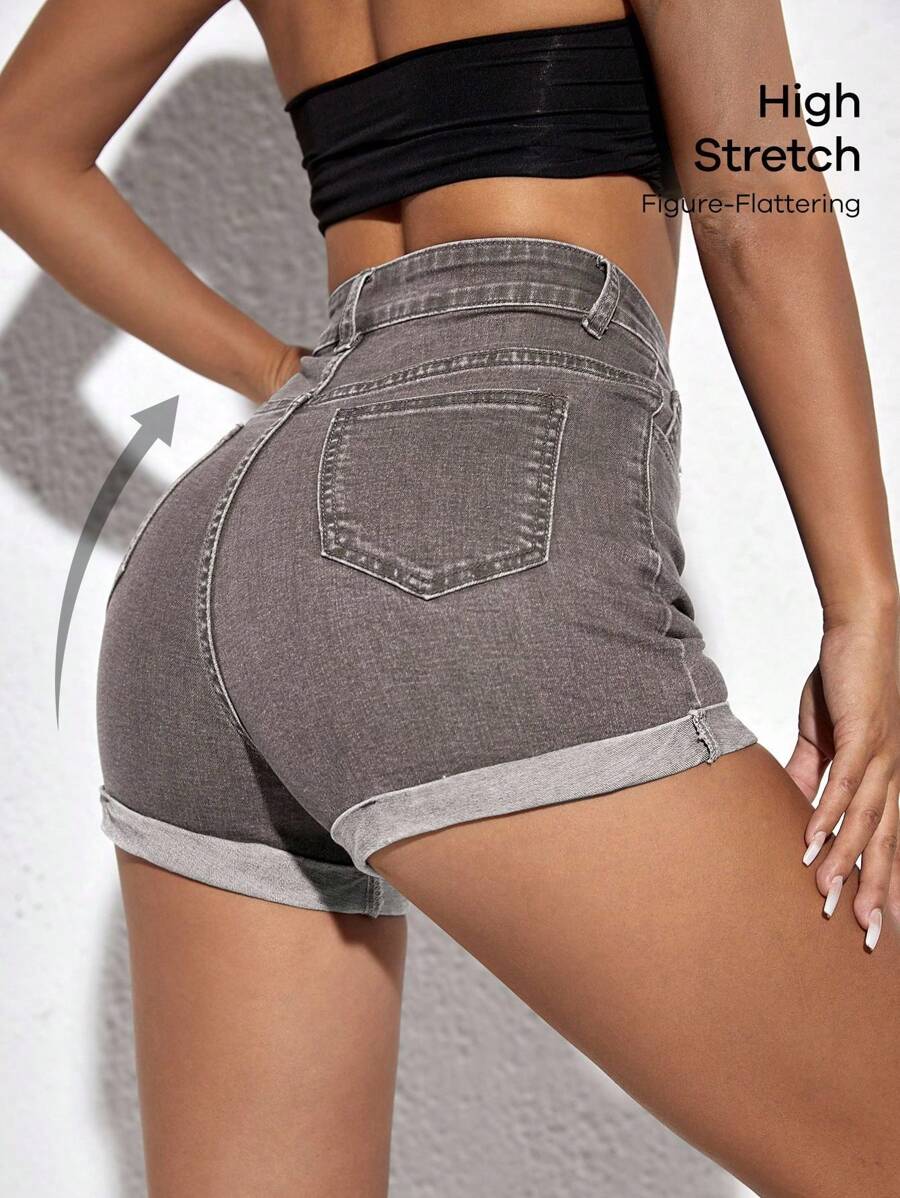SHEIN ICON 女式夏季休闲街头时尚高腰卷边下摆修身牛仔短裤 - 深灰色 - 查看 1
