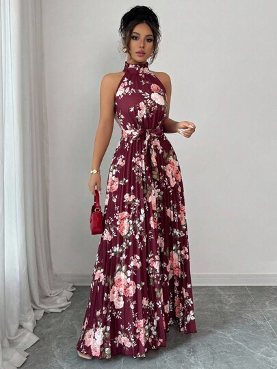 Elenzga Sleeveless Halter Waist A-Line Floral Print Elegant Romantic Dress For Women