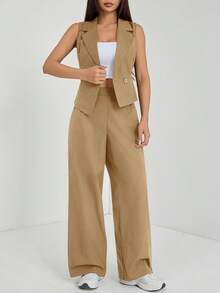SHEIN PETITE Bộ trang phục thu hai mảnh 2 món/bộ dành cho nữ Áo không tay màu trơn và quần dài - màu nâu - Xem 7
