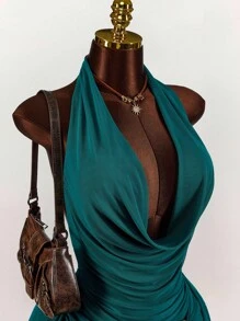 Amplova Fitted Sleeveless Mesh Mini Dress In Green With Ruched Design And Halter Neckline,Party Dress - Green - View 5