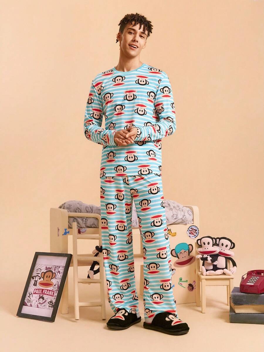 Paul Frank X SHEIN Men's Comfortable Striped Cute Cartoon Monkey Pattern Top And Pants Pajama Set, Fall Clothes