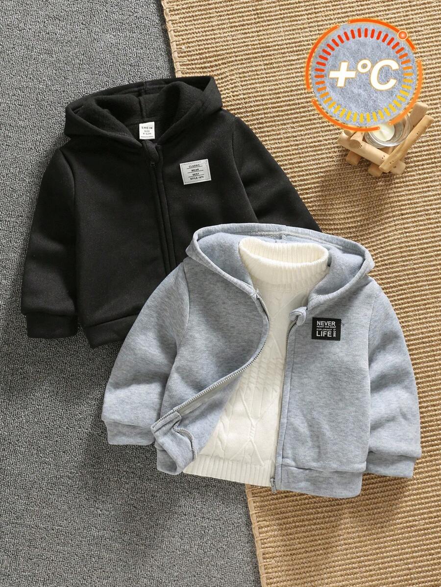 SHEIN 2 件婴儿男孩/女孩可爱简约字母印花纯色连帽夹克,百搭百搭服装,男女通用婴儿冬装 - 彩色 - 查看 1