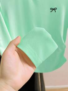 INAWLY 女士蝴蝶结印花圆领长袖休闲T恤 - 薄荷綠 - 查看 4