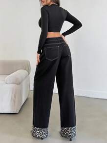EURMUSE HIGH RISE WIDELEG JEAN WITH LEOPARD PETITE - Black - View 2