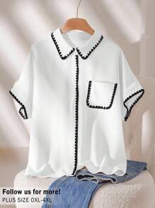 CosyJoli Plus Size Women Short Sleeve Single Breasted Pocket Casual Color Block Blouse,Slightly Sheer,Business Casual Woman Spring To Summer - White - View 1