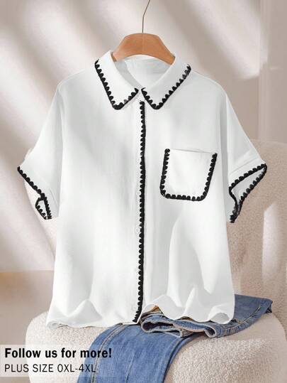 CosyJoli Plus Size Women Short Sleeve Single Breasted Pocket Casual Color Block Blouse,Slightly Sheer,Business Casual Woman Spring To Summer