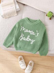 SHEIN 男婴柔软舒适休闲百搭可爱字母图案绿色圆领长袖套头衫，适合室内、户外、休闲、运动、玩耍、派对、拍照、度假、四季针织套头衫，秋冬季 - 綠色 - 查看 8