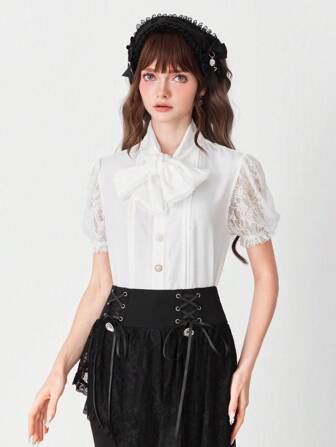 Kawaii Women's Elegant Solid Color Lace Splice Collar Tie Blouse