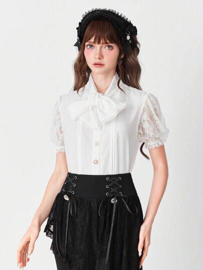 EDITION Blouse femme élégante de couleur unie avec col en dentelle et nœud papillon