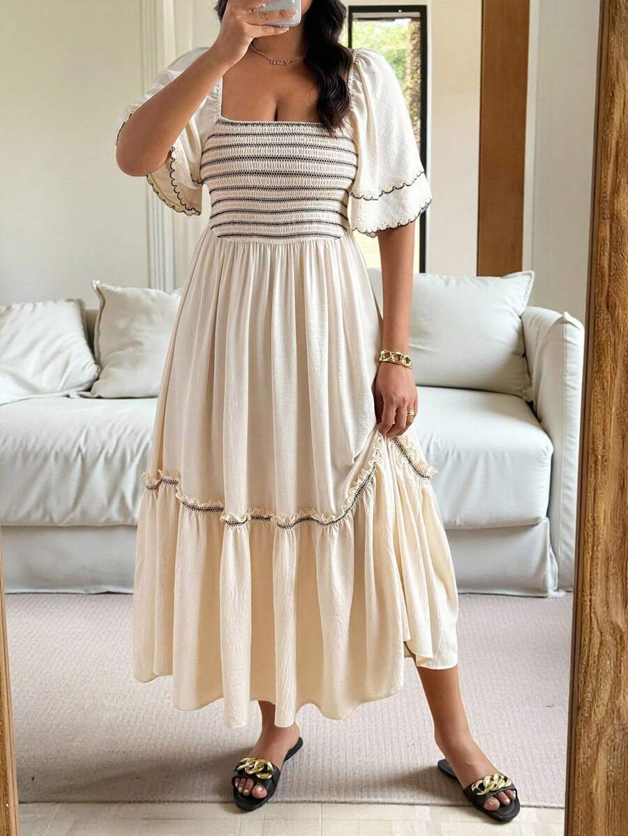 Vionelle Plus Size Square Neck Boho Beach Vacation Black Contrast Embroidery Ruffle Hem Dress - Apricot - View 1