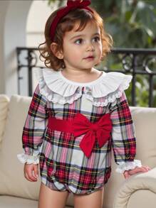 SHEIN 女婴优雅格子彼得潘领连体衣，秋季格子婴儿连体衣红色格子婴儿套装 - 彩色 - 查看 8